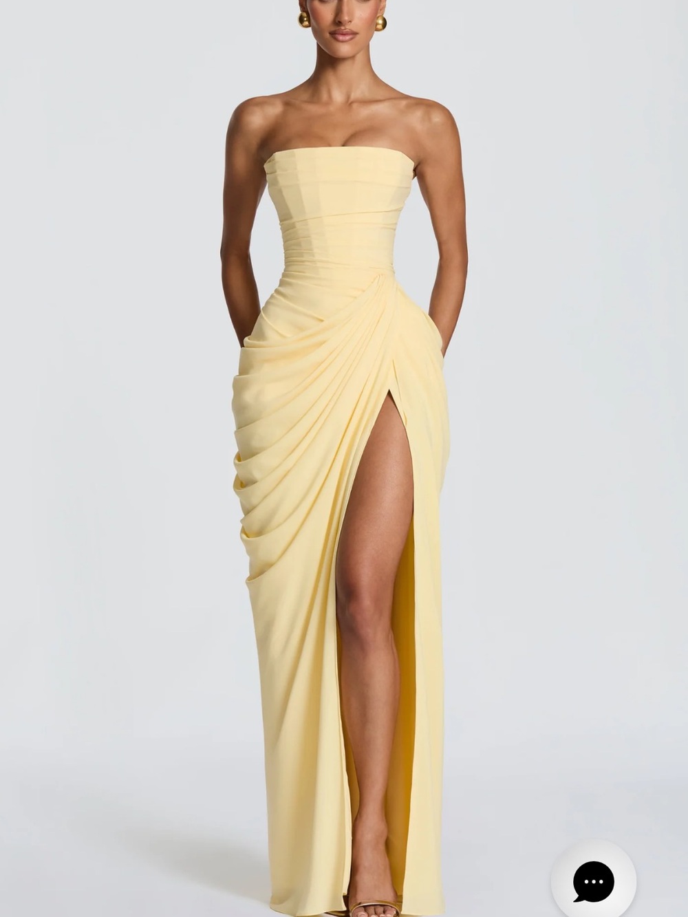 Strapless Ruched High-Slit Evening Gown in Pale Yellow